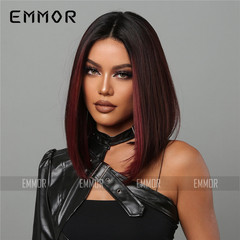 Factory-direct supply: Emmor's new European and American-style wig – long, straight, full-head wig in a gradient reddish-brown with a center part, designed for women.