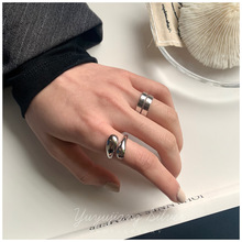 跨境严选S925银 时尚金属感戒指简约冷淡风螺旋环绕宽指环女饰品