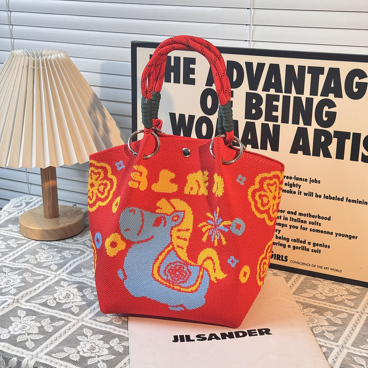 ニットハンドバッグ、ニッチデザインバケットバッグ、トートバッグ、ハンドバッグ、カジュアルで多用途なショルダーバッグ、ニットポータブルバッグ