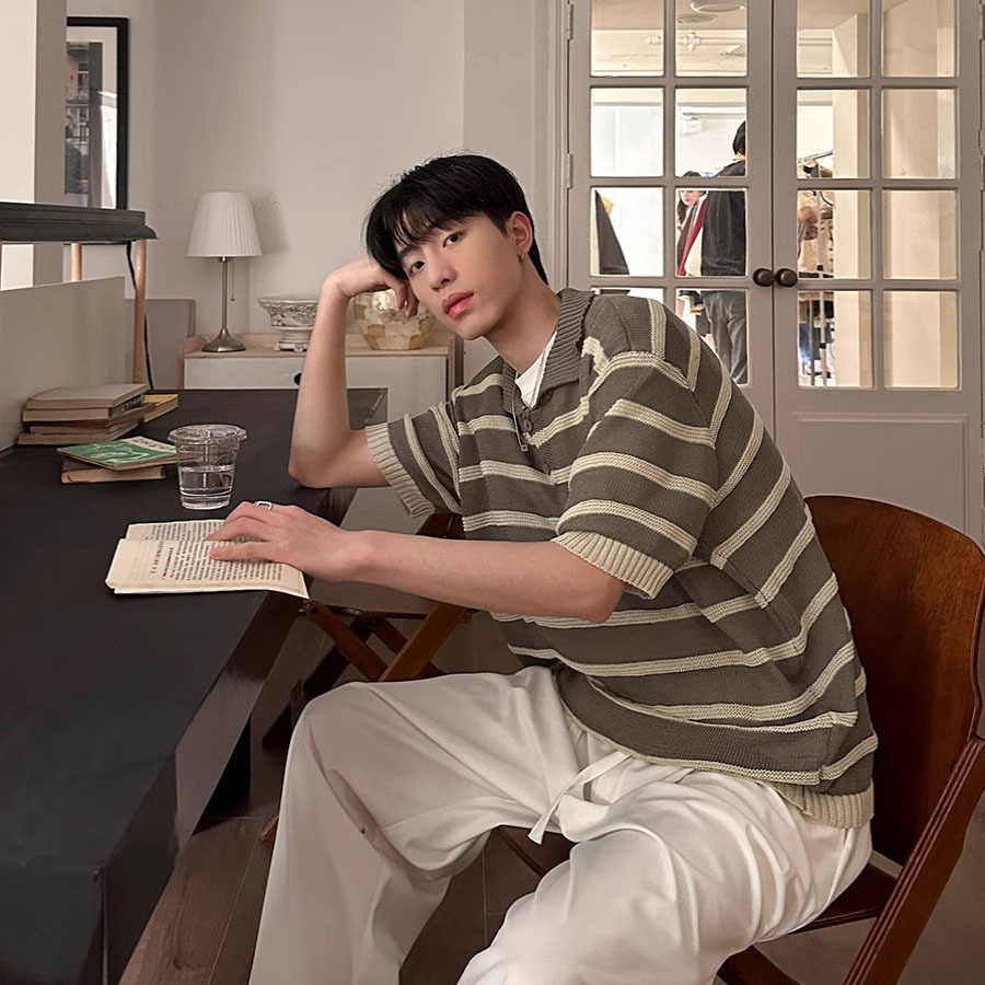 Verano nuevo estilo suéter de manga corta hombres rayas hueco transpirable camisa POLO negocio marea coreano comercio exterior transfronterizo al por mayor