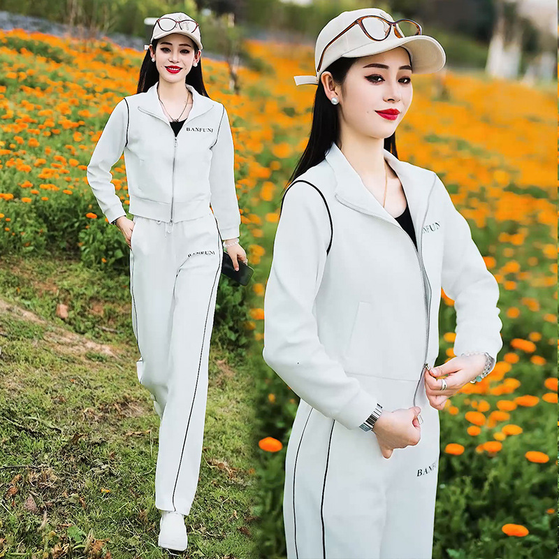 Sports Suit for Women 2025 New Style Banfani Long-Sleeved Top Cardigan Wide-Leg Pants Two-Piece Casual Wear Summer Cotton