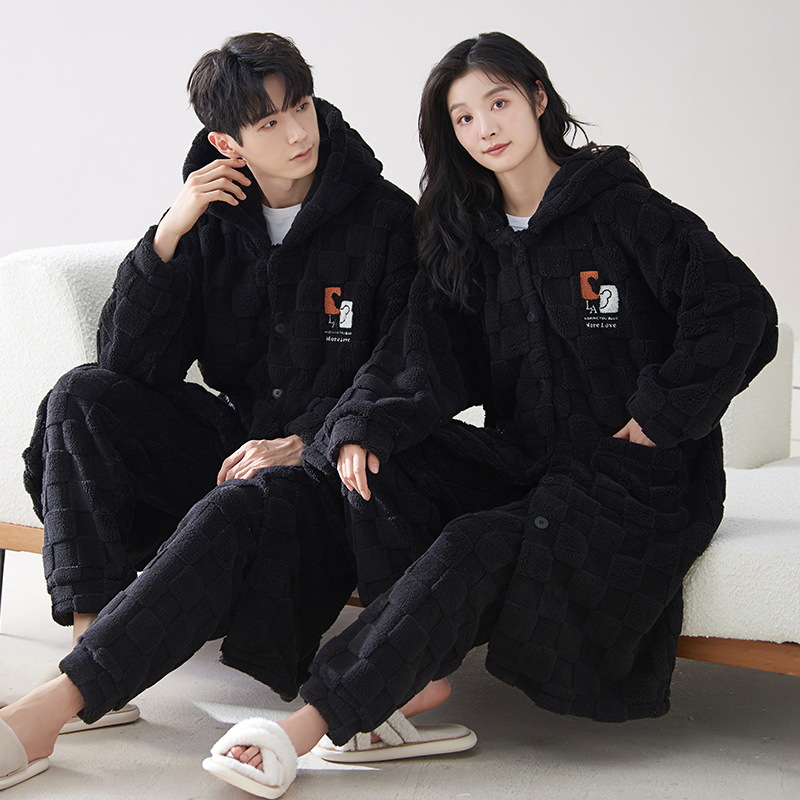 Invierno coral polar pareja camisón cálido MEDIADOS DE-longitud coreano lindo grueso franela hombres homewear traje