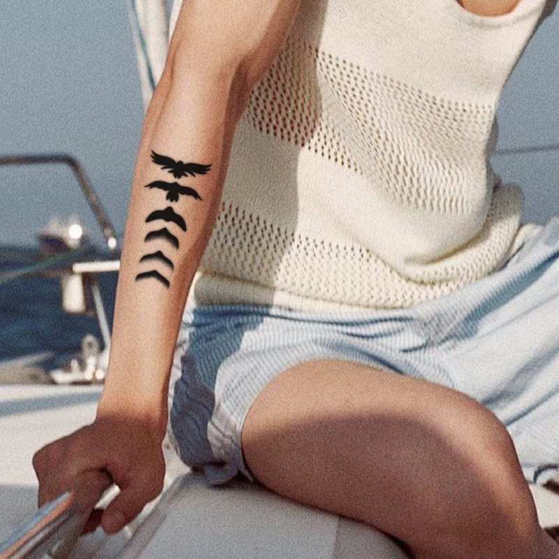 Gradient bird silhouette tattoo sticker, multi-layered simple raven wings symmetrical black and white pattern waterproof tattoo