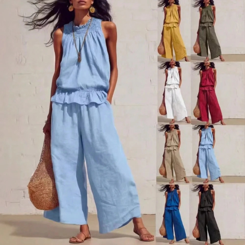 2026 Independent Brand Summer and Autumn Women's Multi-Color Two-Piece Set with Ruffled Collar Sleeveless Top and Wide-Leg Pants Vacation Outfit 2026 Independent Brand Summer and Autumn Women's Multi-Color Two-Piece Set with Ruffled Collar Sleeveless Top and Wide-Leg Pants Vacation Outfit