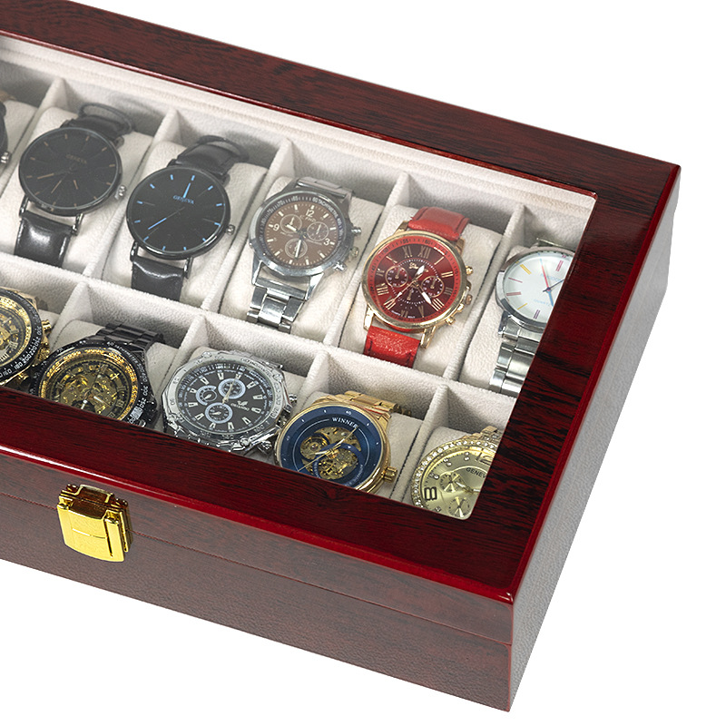 En stock pintura roja reloj caja de almacenamiento a prueba de polvo con claraboyas reloj pulsera caja de exhibición caja de colección
