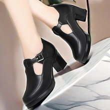 高跟镂空单鞋2025春夏季新款真皮丁字妈妈鞋中跟跳舞鞋大码女皮鞋