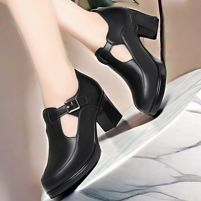 高跟镂空单鞋2025春夏季新款真皮丁字妈妈鞋中跟跳舞鞋大码女皮鞋