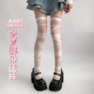 Lolita Strap Y2K Silk Stockings White Pure Desire Socks Subculture Long Knee Socks Black and White Silk Thin Spice Girls