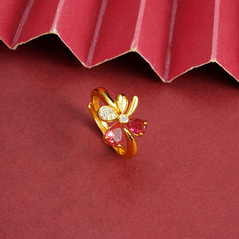 Nuevo anillo de oro de arena vietnamita retrógrado micro-corrosión de piedra viva boca anillo de tetrahedra mujer nicho de diseño joyas