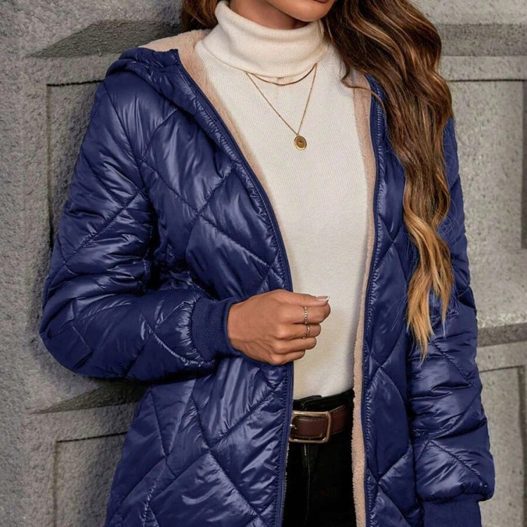 New Winter Women's Cotton Coat, Mid-Length Hooded Quilted Lightweight Cotton Jacket with Fleece Lining, Diamond-Patterned Outerwear for Women New Winter Women's Cotton Coat, Mid-Length Hooded Quilted Lightweight Cotton Jacket with Fleece Lining, Diamond-Patterned Outerwear for Women