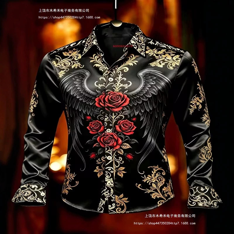 Cross-Border Gothic Style Luminous Material Shirt, 3D Digital Print Black Wings, Red Rose Shirt Cross-Border Gothic Style Luminous Material Shirt, 3D Digital Print Black Wings, Red Rose Shirt