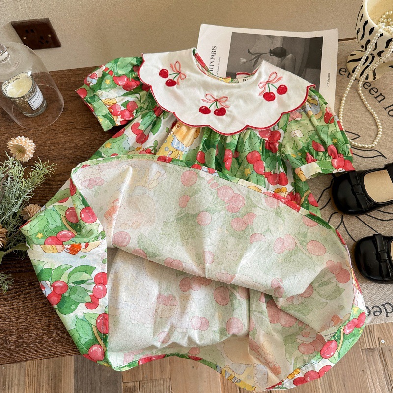 Vestido de siete niñas con limón salado, cuello de muñeca bordado de cereza, estilo de verano, manga corta, dulce falda de princesa para niños, vestido de bebé