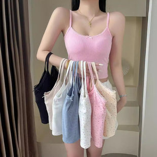 Lace cotton bra top with bow, short summer T-shirt, top with cups, tank top, American style