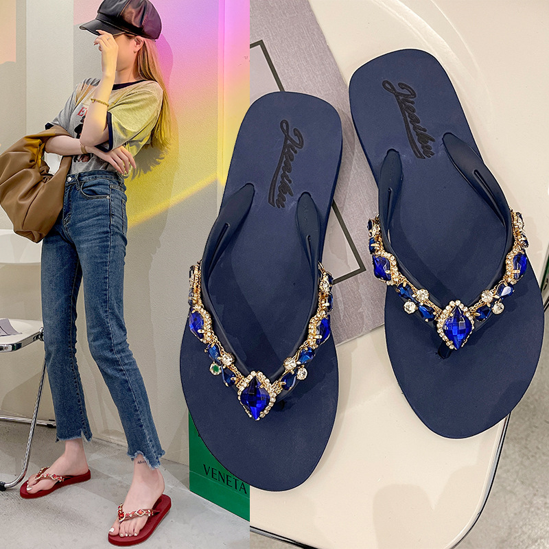 2023 rhinestone flip-flops BlingBling new glass colored diamond slippers women's outer wear flat toe sandals