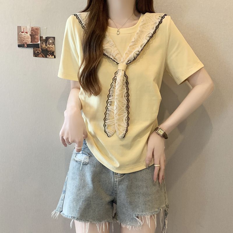 Plus-Size Lace Shawl Shoulder Ruched Short-Sleeve T-Shirt for Women, New Summer Style, Loose and Versatile, Stylish Top That Hides the Figure Plus-Size Lace Shawl Shoulder Ruched Short-Sleeve T-Shirt for Women, New Summer Style, Loose and Versatile, Stylish Top That Hides the Figure