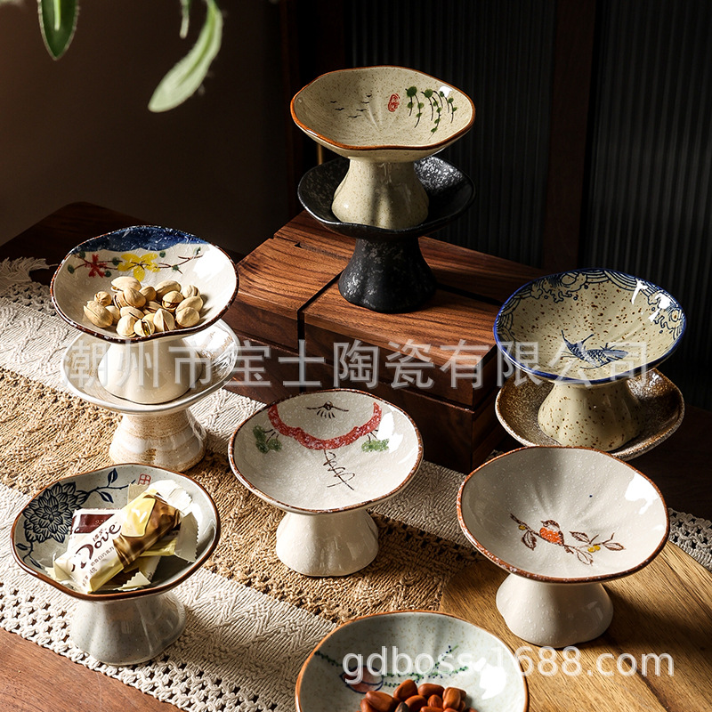 釉下彩手绘陶瓷围炉煮茶高脚小吃零食糕点水果碟家用餐厅轻奢复古