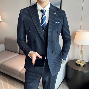 Foreign Trade New Men's Suit navy blue Stripe Suit suit Men's Three-Piece Slim-Fit Double-breasted Suit Dress