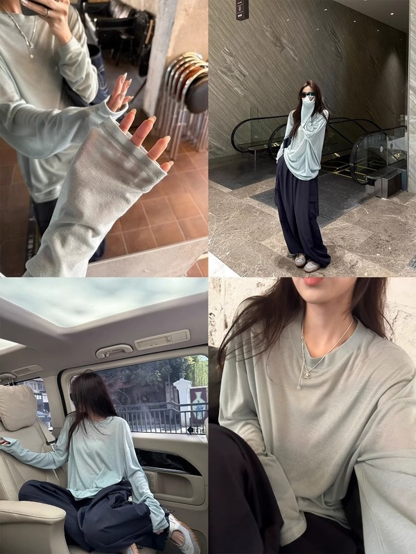 3395 #   superniniyy ウォーターマッスルマスク Tシャツ ソフトラウンドネック ルーズ スリミング 日焼け止め 長袖 トップス 女性用|undefined