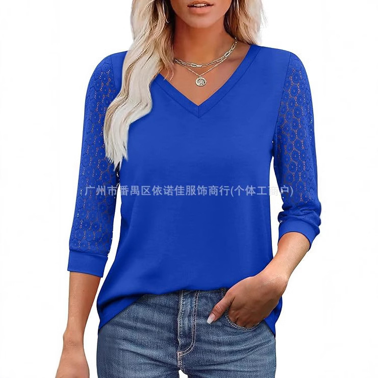 Amazon Cross-border Europe and the United States New Loose Hollow Lace Waist Sleeve Top Casual Loose Solid Color V-neck T-shirt