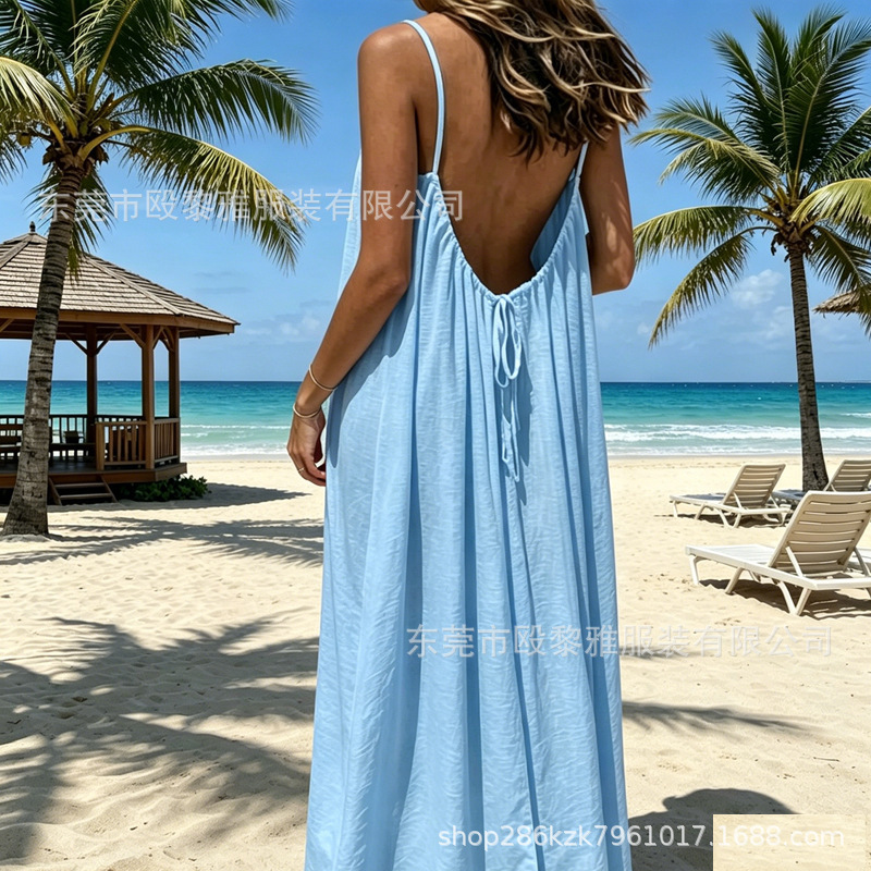 Cross-Border Foreign Trade Women's Spaghetti Strap Backless Loose Dress Solid Color Ice Silk Crinkle Loungewear Long Dress Beach Dress for Women Summer