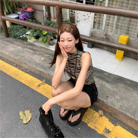 韩式复古辣妹性感无袖半高领吊带背心女夏季新款气质外穿显瘦上衣