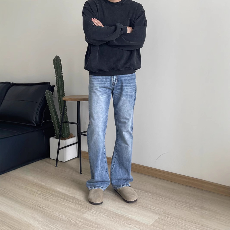 American Vintage light blue Washed Old vintage Style Micro-cleanfit Jeans for Men and Women