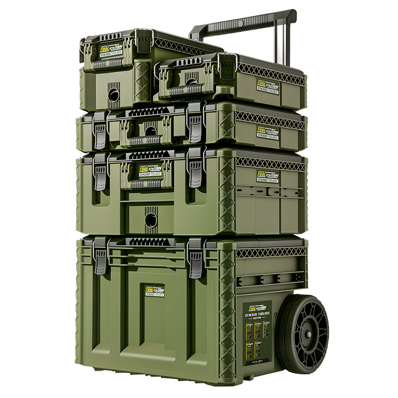 Caja de herramientas de bosque verde, caja de almacenamiento de hardware combinada de varilla de tracción, caja de apilamiento de clase industrial, nuevo tipo de estación base, caja de tracción manual