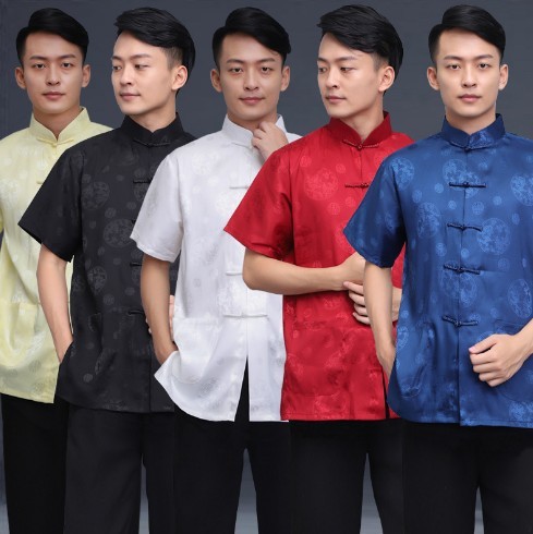 Men's chinese dragon tang suit coat for male chinese kung wushu performance jacket birthday party short-sleeved shirts tangzhuang silk traditional culture