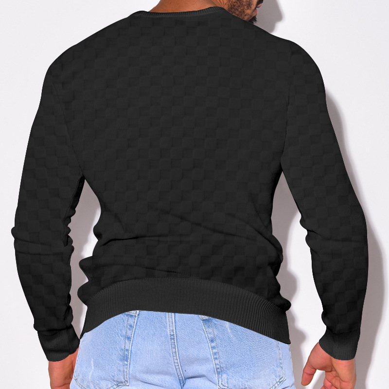 2024 Men's Spring and autumn  men's knitted shirt with jacquard chessboard plaid round neck casual bottom long sleeved top_voghion.com