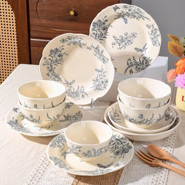 法式复古陶瓷碗碟家用餐具米饭碗炒菜盘凉菜盘高颜值碗盘乔迁礼