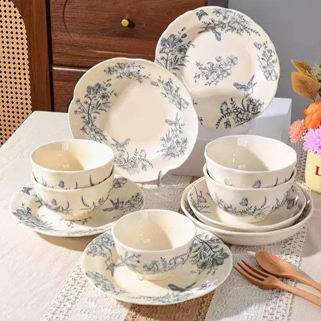 法式复古陶瓷碗碟家用餐具米饭碗炒菜盘凉菜盘高颜值碗盘乔迁礼