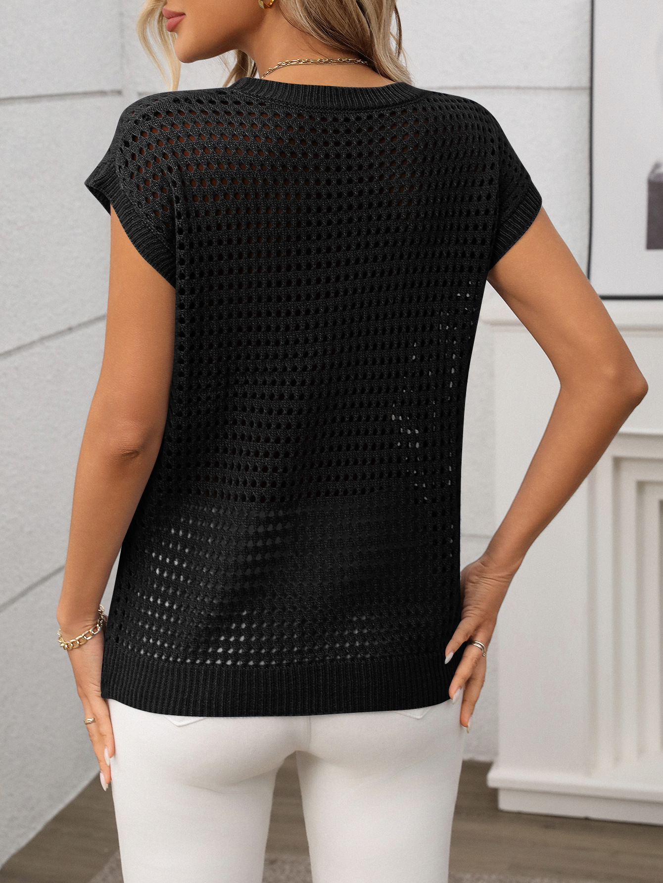 Summer Women Clothing Women round Neck Hollow Out Cutout Sun Protection Knitted Sweater Blouse