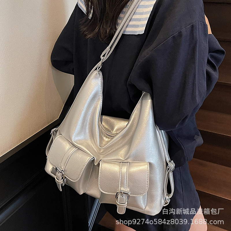 上班通勤大容量多用单肩包高级质感油皮百搭新款时尚双肩包单肩包|undefined