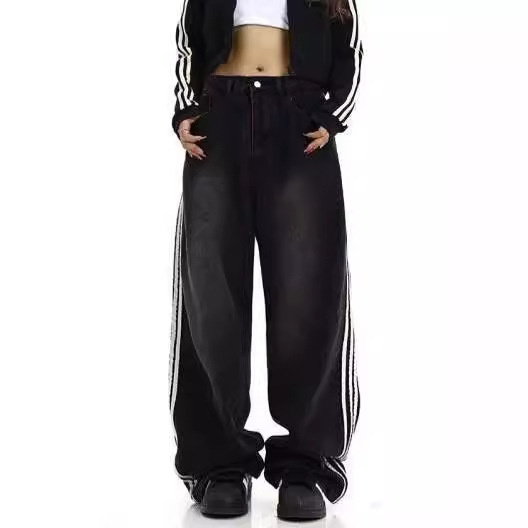 2023 primavera nuevo americano retro de tres barras de perfil lavado azul de pierna ancha jeans rectos para hombres