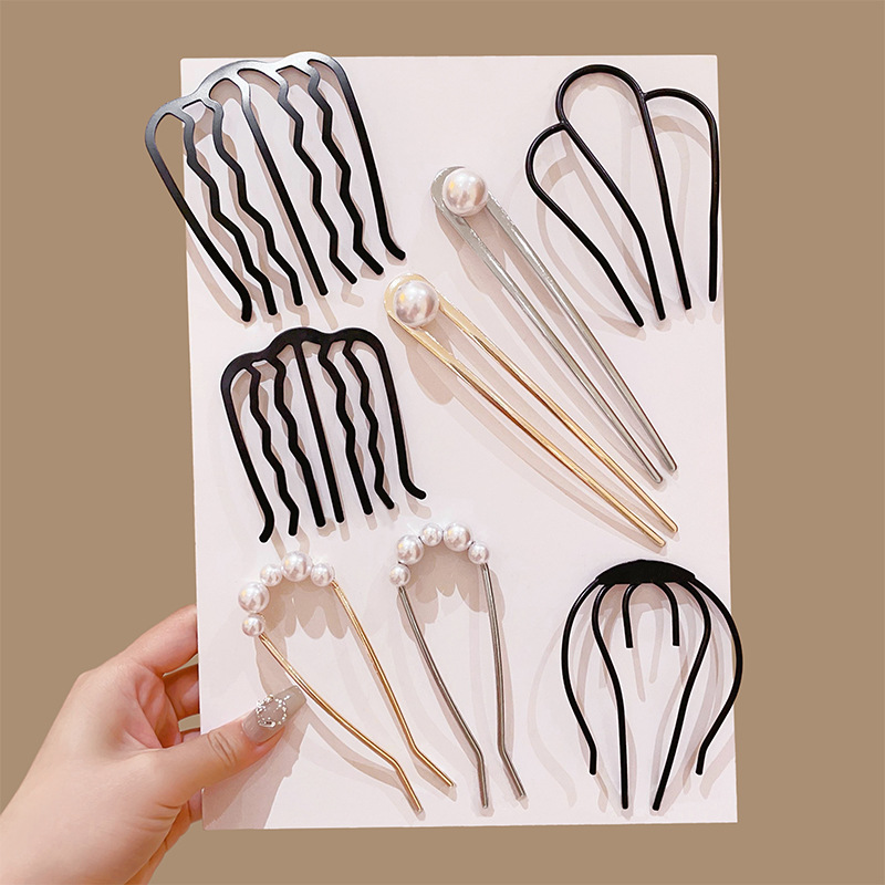 盤發神器2024新款U型髮簪丸子頭固定叉梳簪子頭飾四齒插梳髮夾女