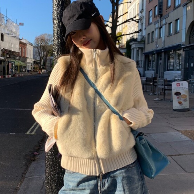 冬季新款年轻女士时尚针织拼接设计感皮草毛毛外套