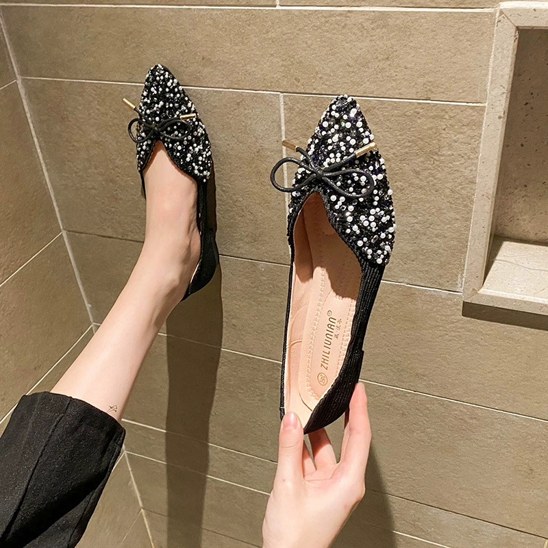 Остроконечная одиночная обувь женская дикая весна 2024 вечерний ветер с водяными стразами банты с плоским дном обувь большой размер женская обувь 41 один 43