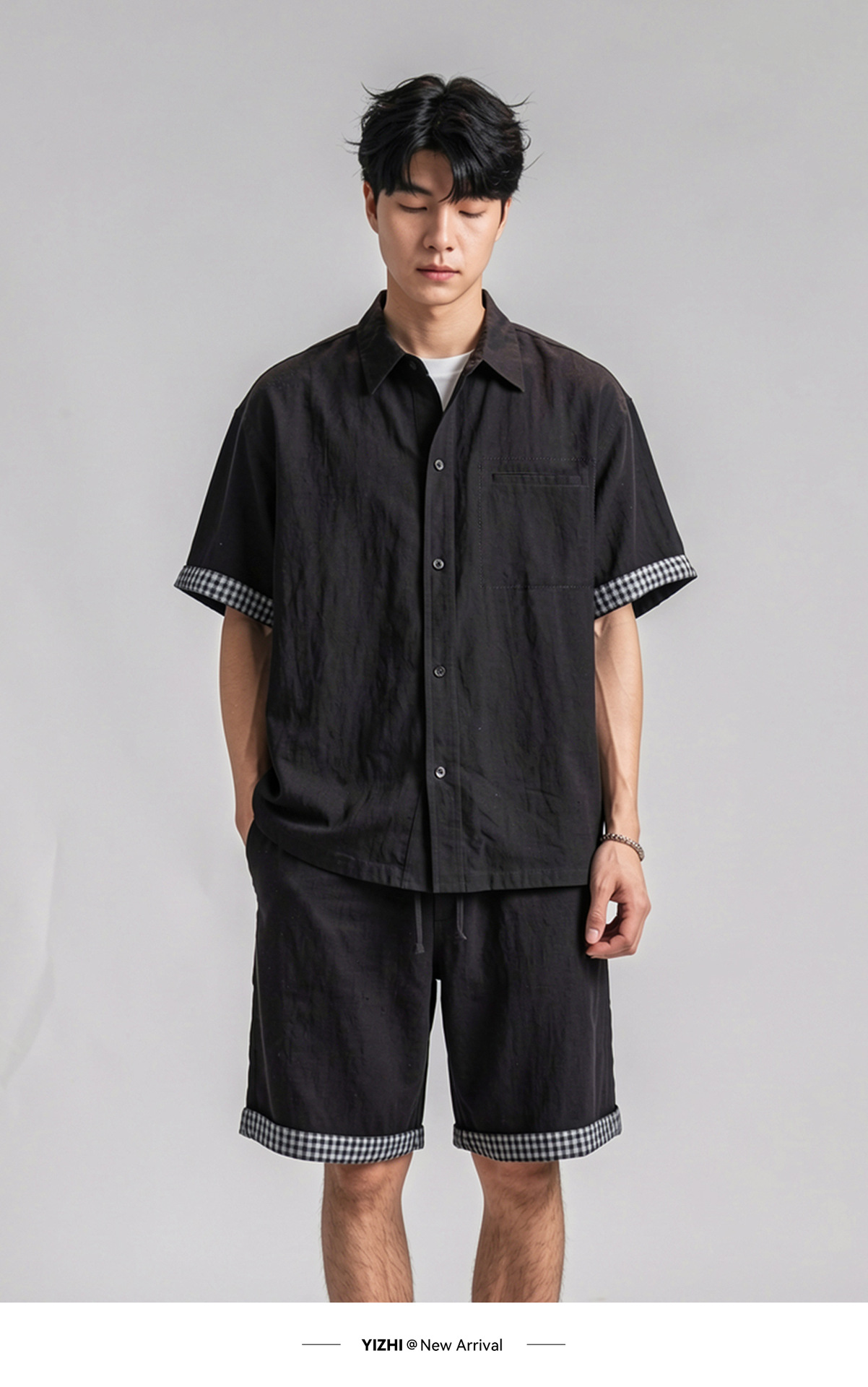 Bộ đồ thể thao nam áo sơ mi ngắn tay kèm quần short chất liệu Tencel mát lạnh — đen chi tiết 13