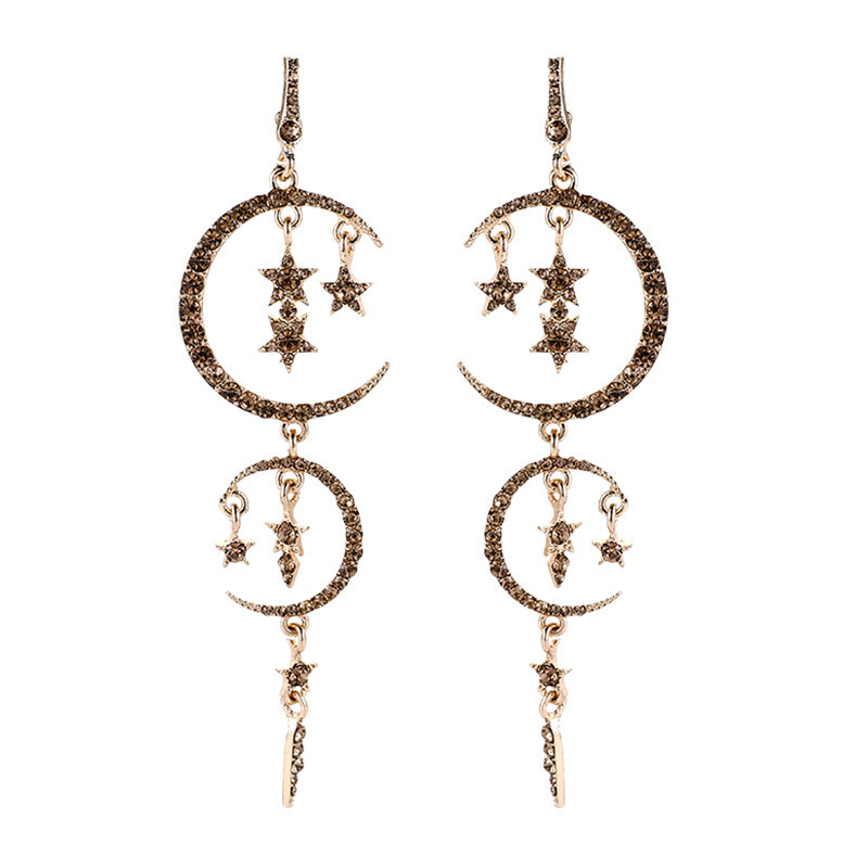Europeo y americano clásico popular nuevo romántico diamante estrella Luna pendientes largo diamante incrustado elegante mujer pendientes Venta caliente