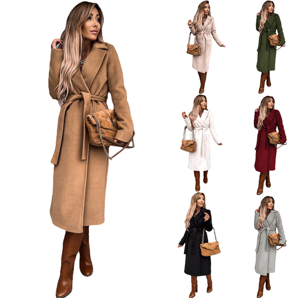 Amazon Cross-Border 2024 European and American Autumn and Winter Women's Solid Color Lapel Long-Sleeved Woolen Coat Simple Tie-Up Coat