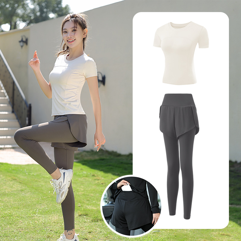Trajes de yoga para mujeres de verano para correr ropa deportiva suelta rápida ropa seca bolsillo para correr trajes de mujeres de la mañana para correr comercio exterior