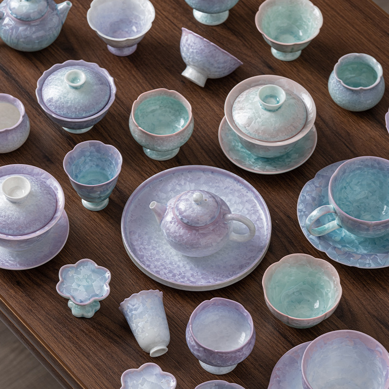 窑变结晶釉陶瓷功夫茶具渐变紫盖碗茶杯茶壶家用中式泡茶装备礼品