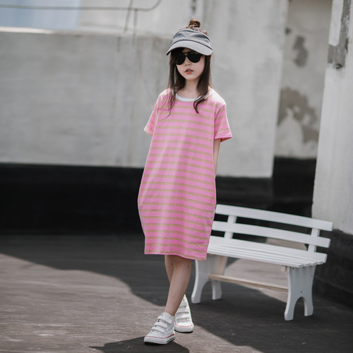 Girls' Korean style loose and versatile short-sleeved T-shirt summer wear new style girls' dresses baby fashionable striped T-shirt trendy