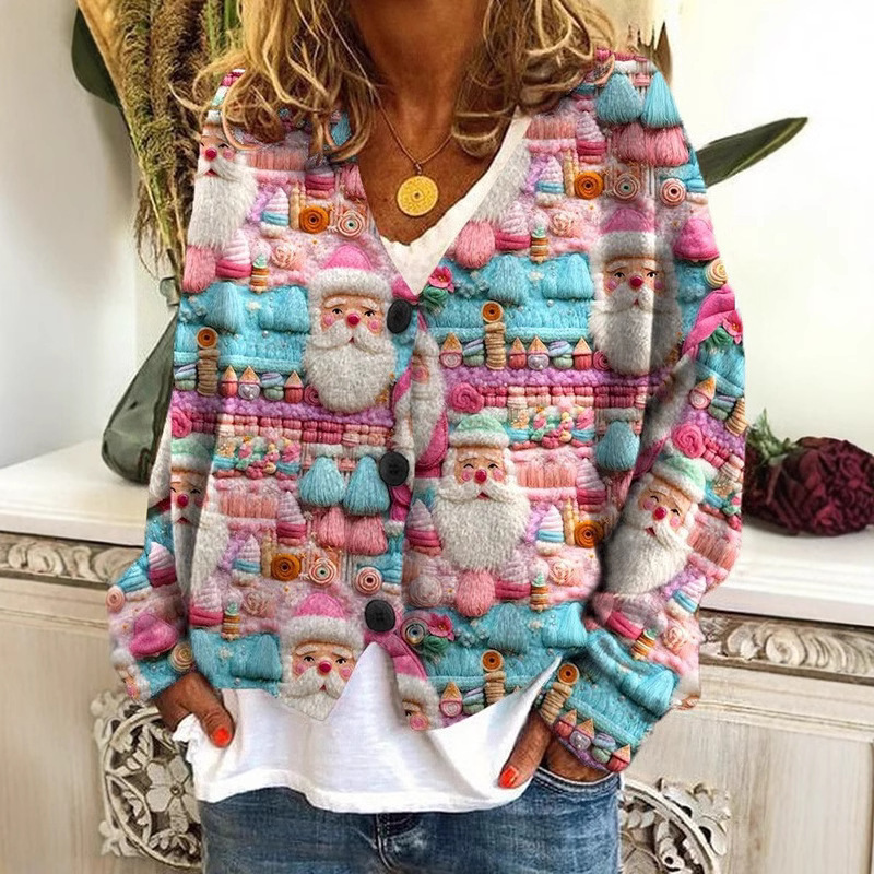 Foreign Trade Cross-border 2024 Amazon Foreign Trade New Christmas Abstract Printing Casual Cloak Coat Cardigan Sweater