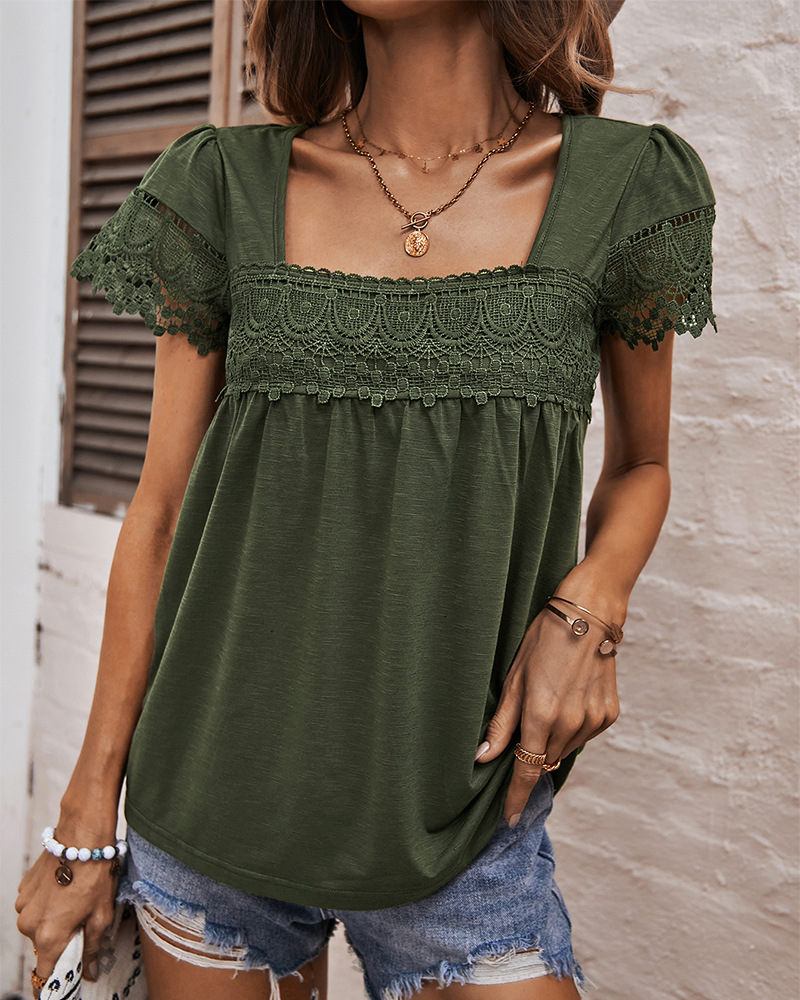 summer lace stitching short-sleeved square neck t-shirt top  NSKA121441