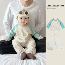 婴儿春秋季套装超萌男宝宝洋气拼色插肩长袖T恤儿童休闲百搭裤子