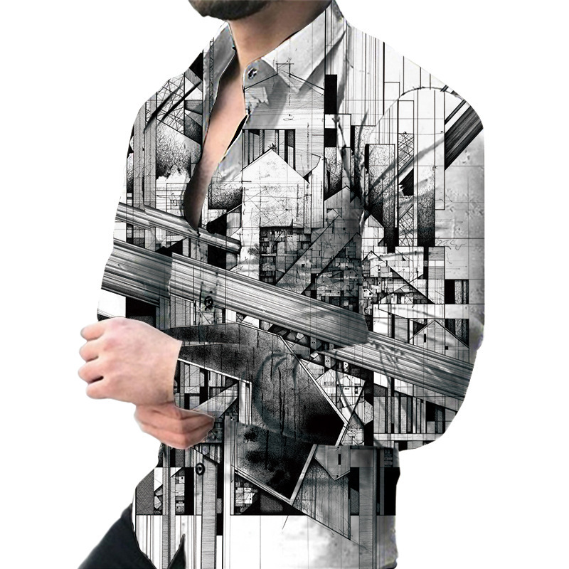 Cross-Border Foreign Trade Spring New Men's Digital Printing Wolf Casual Long-Sleeved Lapel Large Size Youth Shirt for Men