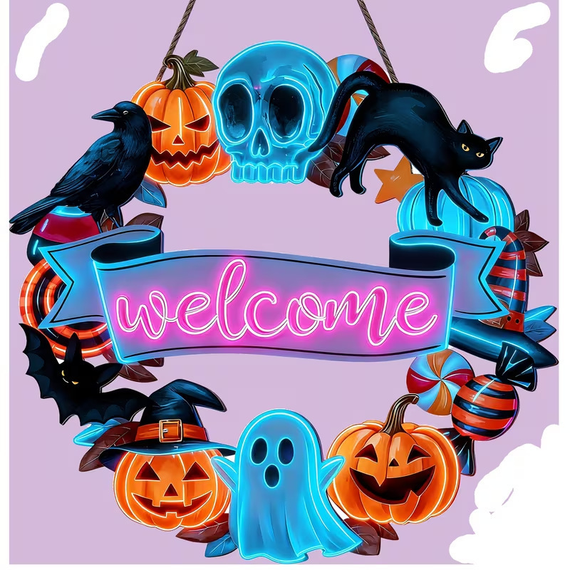 Halloween Ghost Black Cat Pumpkin Skull Door Hanging Decoration Rustic Welcome Wooden Sign Front Door Home Decor Plaque