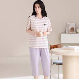 【M-5XL】夏季新款纯棉女短袖七分裤套头睡衣印花休闲女家居服