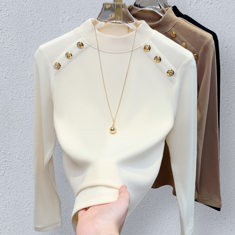 Camisa de fondo de terciopelo alemán con cuello medio alto para mujer 2024 nuevo estilo de otoño e invierno que se puede usar en el exterior, top de diseño de estilo occidental delgado image 8